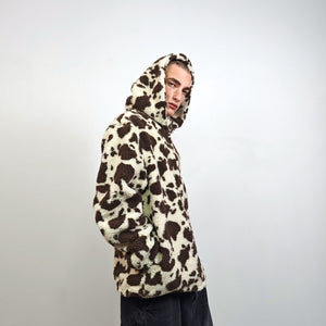 Fleece track jacket cow bomber detachable hood animal print tracksuit brown festival coat furry overcoat spot pattern pullover Dalmatian top