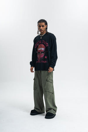 Balaclava print long sleeve top ganster t-shirt hip-hop jumper in white