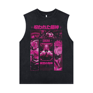 Sukuna anime sleeveless t-shirt vintage Japanese vest retro cartoon tank top in acid wash black