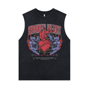 Broken heart sleeveless t-shirt tattoo print surfer vest 90s rocker tank top in acid wash black