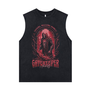 Creepy skeleton sleeveless t-shirt skull print surfer vest gate keeper slogan tank top in acid wash black