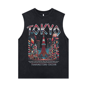 Tokyo sleeveless t-shirt city print surfer vest retro Japanese tank top in acid wash black