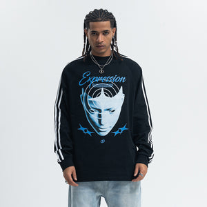 Psychedelic jumper long sleeve cybepunk top alien print t-shirt grunge striped pullover in black