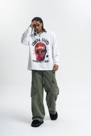 Balaclava print long sleeve top ganster t-shirt hip-hop jumper in white