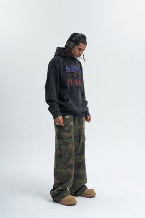 Saint print hoodie vintage wash religion jumper grunge retro pullover in acid grey