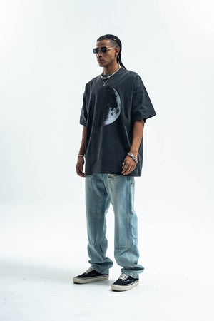 Moon print t-shirt space top grunge raver tee in grey