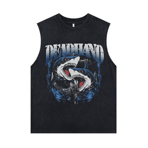 Shark print sleeveless t-shirt retro sea monster surfer vest 90s animal tank top in acid wash black