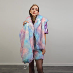 Rainbow faux fur coat tiedye trench shaggy cropped gay jacket LGBT bomber fuzzy unicorn detachable sleeves festival overcoat carnival fleece