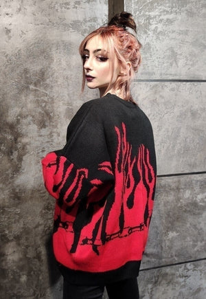 Flame sweater in red punk fire knitwear jumper in red black