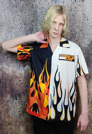 Racer shirt flame print short sleeve top in white red