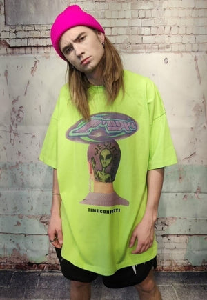 Futuristic raver tee Alien skinhead print t-shirt in green