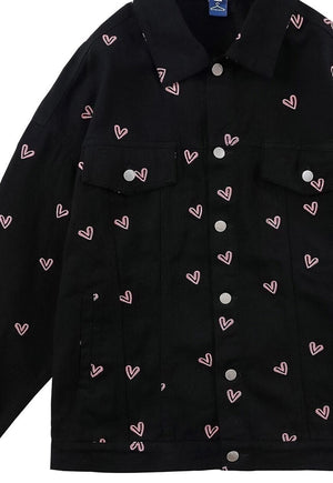 Heart embroidered denim jacket Love jean blazer in black