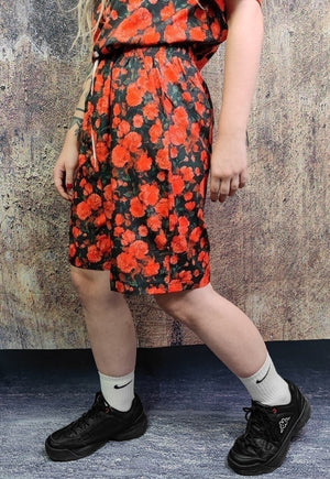 Floral sports set rose pattern shirt & shorts combo in red