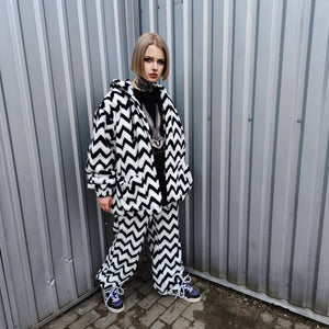 Geometric fleece joggers white zigzag trousers luxury stripe pattern pants handmade party hotpants grunge festival set raver tracksuit