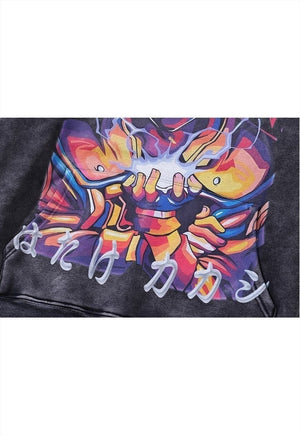 Anime print hoodie pullover vintage wash jumper grey