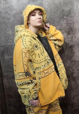 Paisley fleece jacket yellow bandanna faux fur fluffy bomber