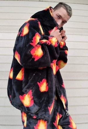 Flame fleece jacket hand made fire bolt hood bomber in black