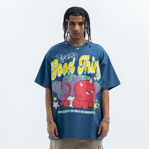 Little devil t-shirt retro devil cartoon top hell print tee in blue