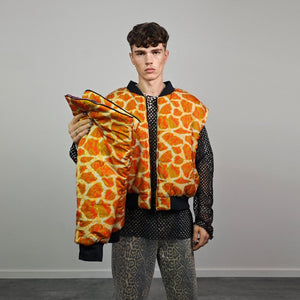 Giraffe bomber animal print jacket orange wildlife reversible college varsity detachable sleeves handmade raver puffer tribal African coat