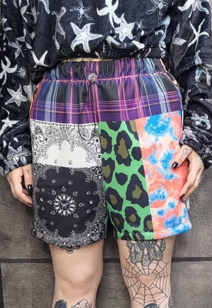 Tartan print shorts handmade check overalls in purple