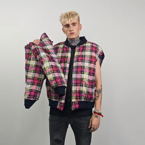 Plaid check bomber thunder print jacket reversible college varsity detachable sleeves e-boy vest handmade grunge rocker coat
