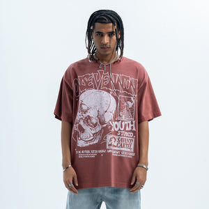 Skull print t-shirt punk top grunge skeleton tee graffiti jumper in Brown