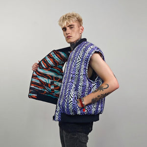 Zebra jacket blue white animal print bomber reversible striped college varsity detachable sleeves handmade rave puffer grunge festival coat