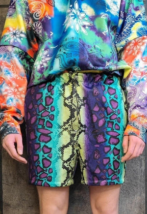 Tie-dye snake shorts handmade python overalls acid purple