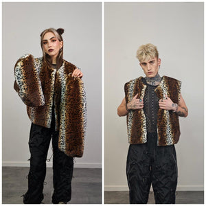 Animal print collarless coat brown short leopard jacket cheetah trench faux fur detachable sleeves spot pattern festival overcoat fleece