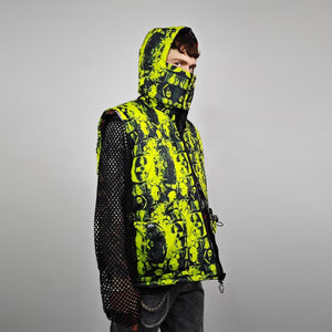 Horror fan jacket creepy print bomber green reversible punk college varsity detachable sleeves handmade gothic puffer hooded festival coat