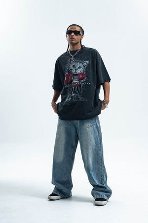 Boxer t-shirt kitten print top cat tee grunge jumper in black