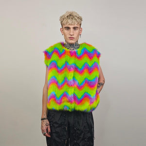 Rainbow faux fur coat short striped collarless jacket unicorn trench fluffy detachable sleeves handmade festival overcoat burning man fleece