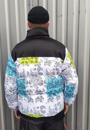 Painted paisley bomber bandana puffer jacket in white black