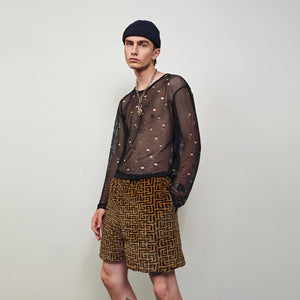 Arabic pattern shorts brown black geometric print pants party hotpants fleece handmade cropped trousers zigzag print joggers festival set