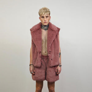 Brown faux fur coat shaggy cropped trench short going out jacket fuzzy grunge detachable sleeves handmade luxury festival overcoat fleece