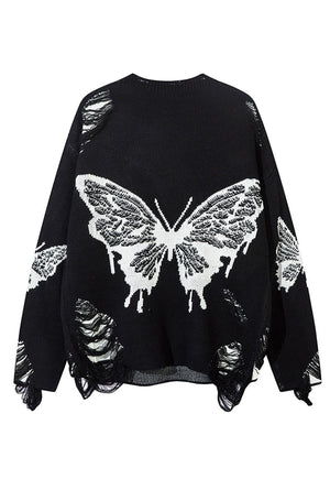 Butterfly sweater black white ripped goth jumper grunge top
