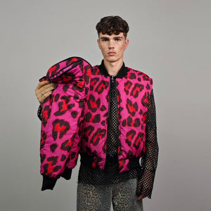 Leopard jacket neon pink animal print bomber reversible cheetah college varsity detachable sleeves handmade rave puffer grunge festival coat