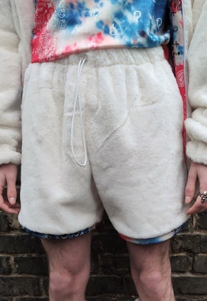 Soft fleece shorts handmade fluff cropped overalls in cream