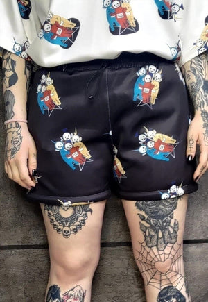 Retro shorts handmade alien cartoon overalls in black