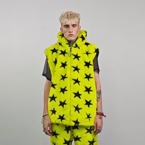 Star print hooded jacket yellow faux fur geometric fleece bomber psychedelic pullover detachable sleeves handmade rave top festival overcoat