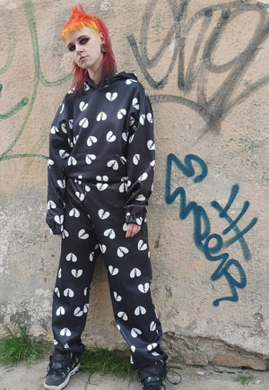 Broken heart joggers handmade Love cartoon overalls black