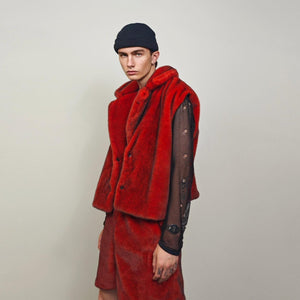 Red faux fur coat cropped trench short going out jacket grunge detachable sleeves handmade luxury festival overcoat fleece