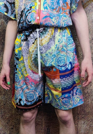 Fluorescent sports set floral pattern shirt & shorts combo