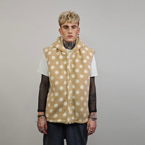 Polka dot fleece jacket beige spot pattern hood bomber retro geometric coat detachable sleeves handmade preppy overcoat fluffy festival set