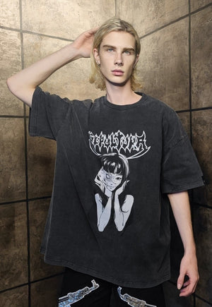 Anime t-shirt premium vintage wash grunge tee in grey