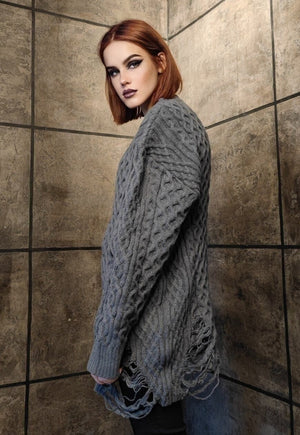 Ripped chunky sweater knitted distressed cable jumper grey