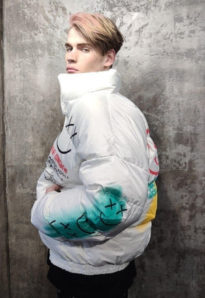 Graffiti print bomber emoji print jacket smile puffer white