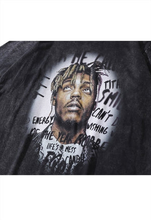 Hip-hop print t-shirt retro rapper tee grunge top in grey