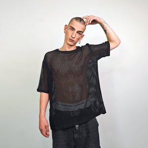 Mesh t-shirt black transparent Gothic blouse long sleeve rocker sheer jumper edgy gay top retro 00s see-though punk pullover