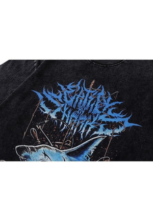 Shark print t-shirt pirate tee retro grunge top in acid grey